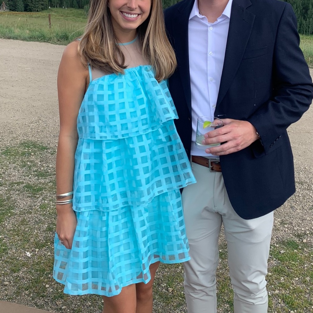 ENGLISH FACTORY Grid Pattern Tiered Organza Minidress